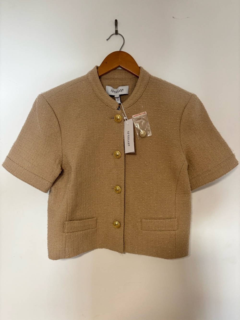 10 Crosby Derek Lam Short Sleeve Tweed Jacket in Camel with Gold Buttons